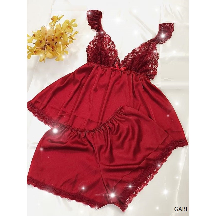 NAPUBEE Đồ Ngủ Sexy 2 Dây Cổ Sẻ Sâu Phối Ren Gợi Cảm, Chất Liệu Satin Lụa Mềm Mịn GABI