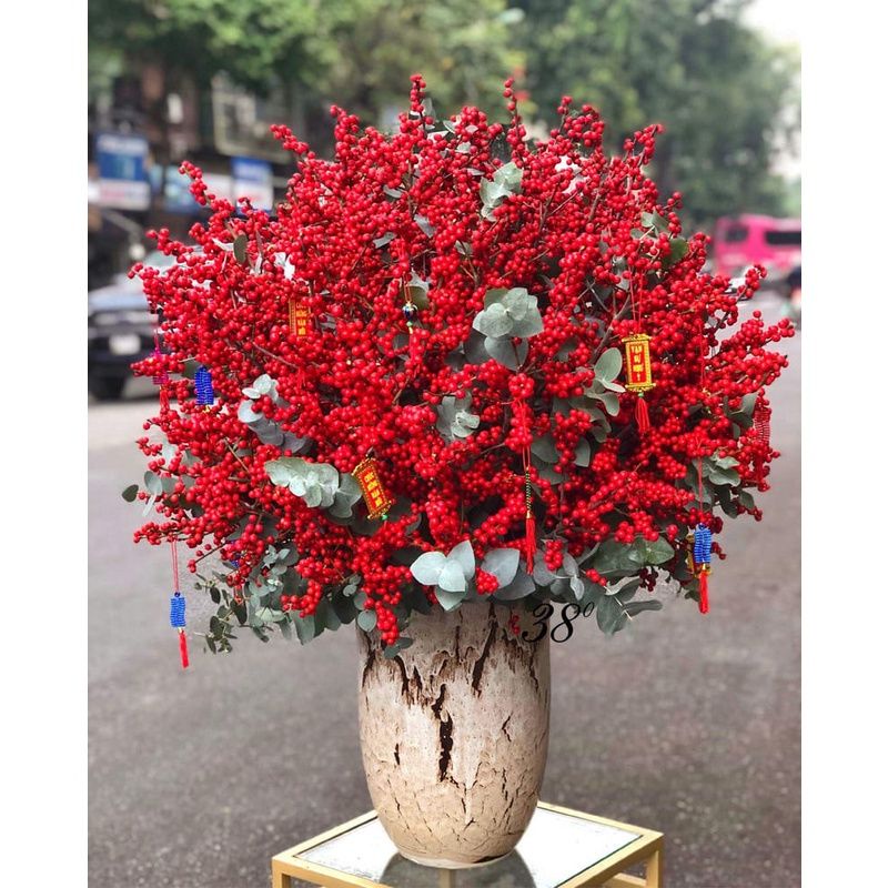 Cành Đào Đông Đỏ GLAMO HOME Cành đào 6 nhánh 12 nhánh trang trí ngày tết, ban thần tài, phòng khách