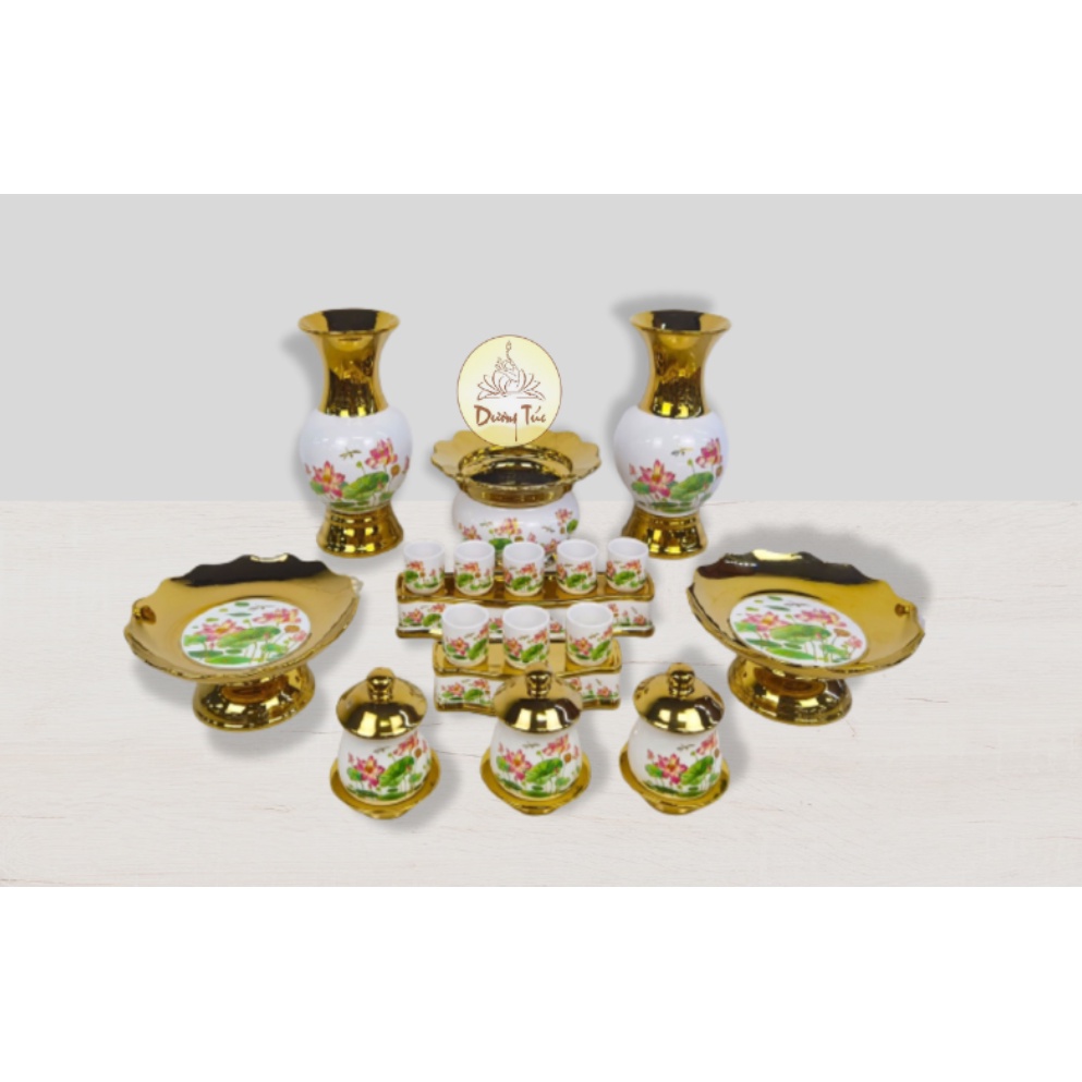 Bộ Đồ Thờ Cúng : Bình Hoa , Lư Hương ( Bát Nhang ) , Đĩa Trái Cây , Chung Nước Đại Bi  - Sứ Trắng Sen Vẽ (2040):