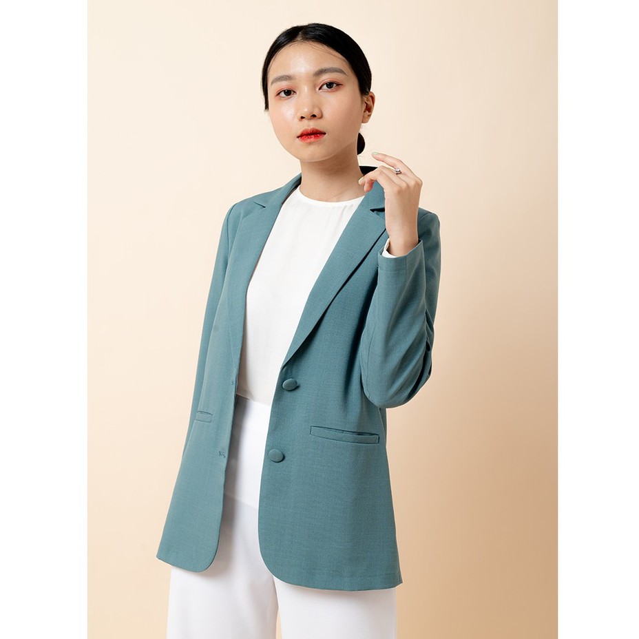 Áo vest blazer nữ KHÀN màu xanh lơ áo khoác công sở tay dài 1 lớp phong cách Hàn Quốc