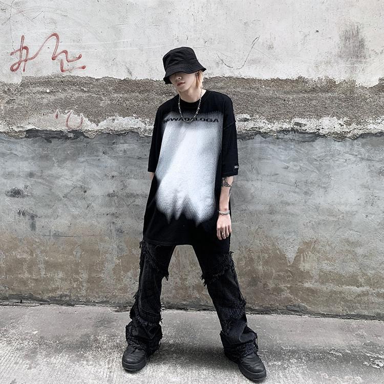 Ông. Áo Thun Đen Tay Lỡ Dáng Rộng Họa Tiết Graffiti Phong Cách Đường Phố Cho Nam