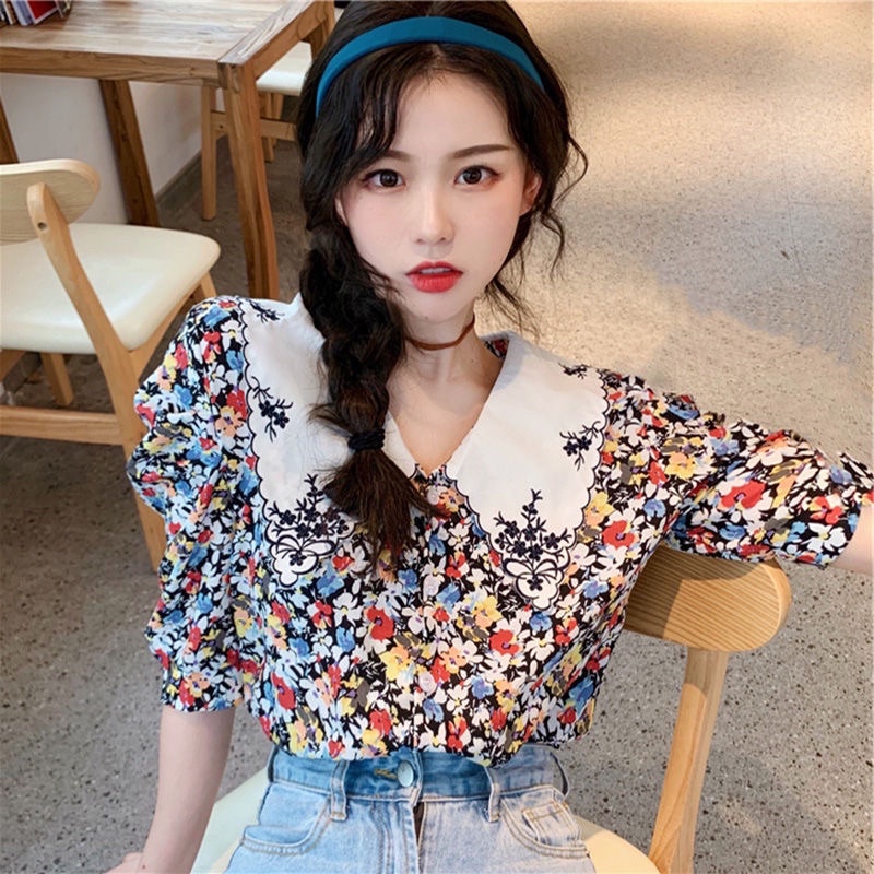 áo sơ mi hoa cỏ mùa xuân nhiệt đới tay áo hơi bo phồng nhẹ