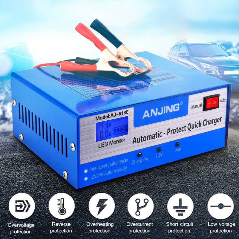 Sạc bình ắc quy 12V 24V 200AH ANJING AJ-618E chống ngược cực tự ngắt khi đầy bảo vệ ắc quy có quạt tản nhiệt