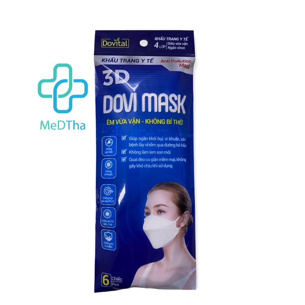 Khẩu Trang 3D - Dovi Mask Chính Hãng Công ty Dược, 4 Lớp Chống Khí Ô Nhiễm (6 chiếc/túi)