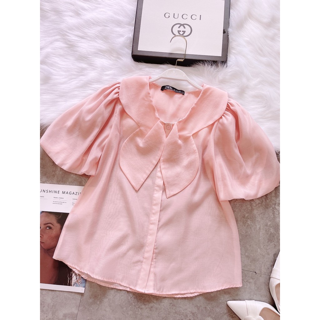 ÁO TƠ HỒNG CỔ NƠ CÁCH ĐIỆU TAY BỒNG