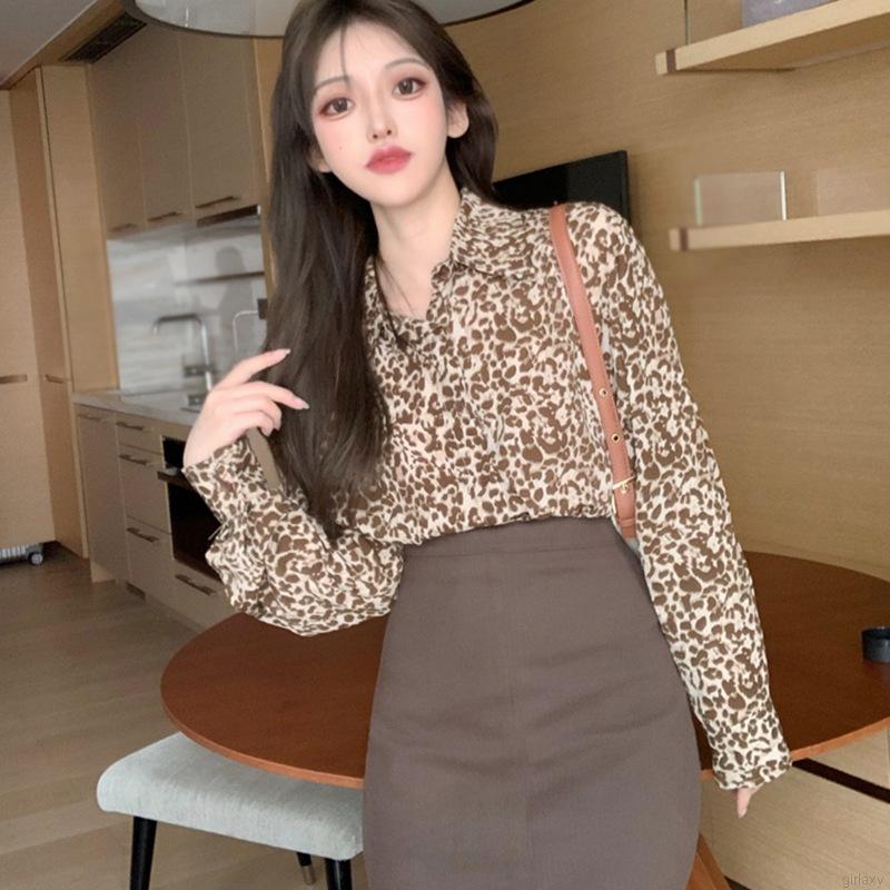 Áo Sơ Mi Dài Tay Dáng Rộng In Họa Tiết Da Báo Kiểu Cổ Điển Hàn Quốc Cá Tính