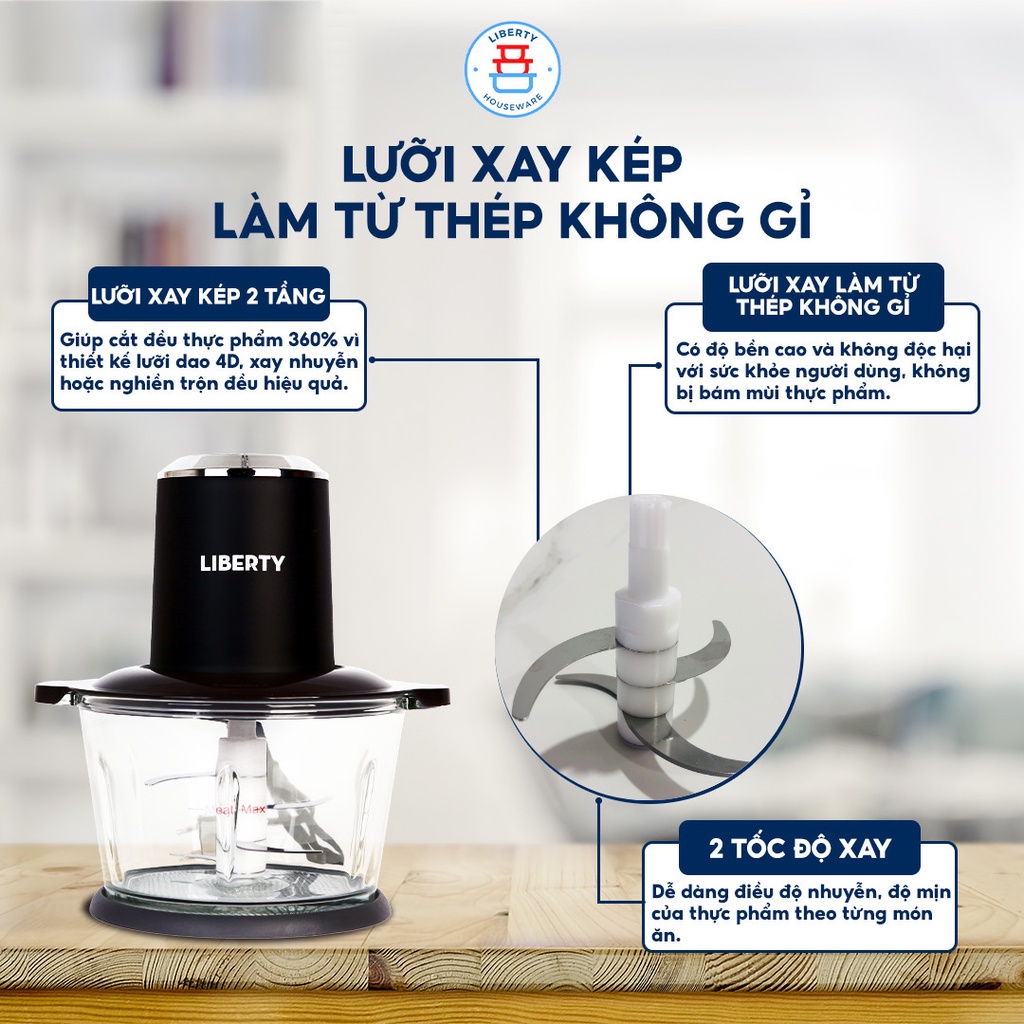 Máy xay thịt đa năng xay cá cua đá LIBERTY 2L cối thủy tinh kháng khuẩn Công suất lớn 350W