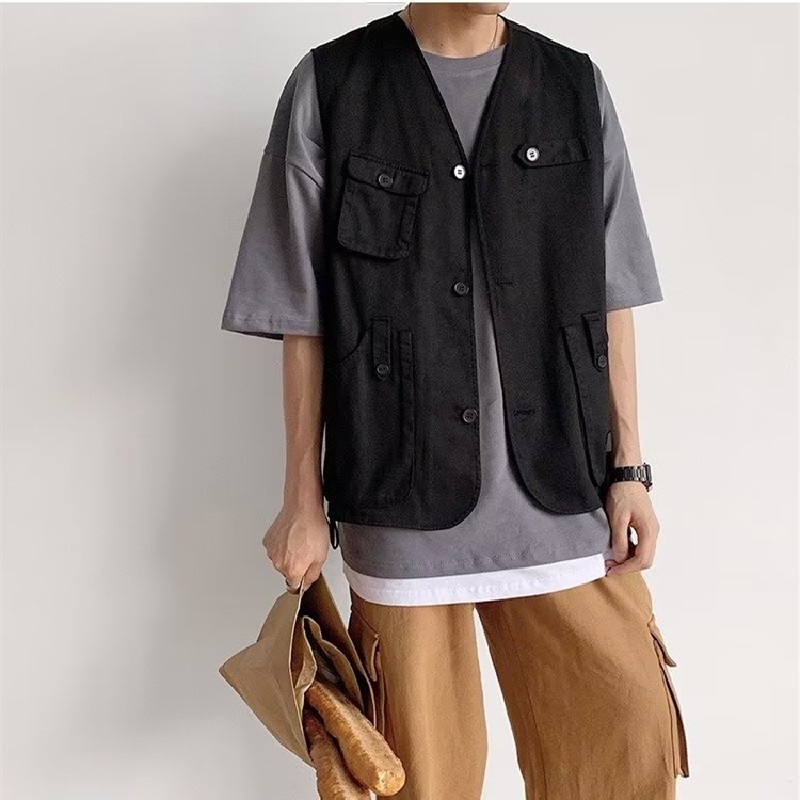 Áo Ba Lỗ Dáng Rộng Thoải Mái Nhiều Túi Phong Cách Hip Hop Đường Phố Hàn Quốc Cho Nam Cỡ M-2XL