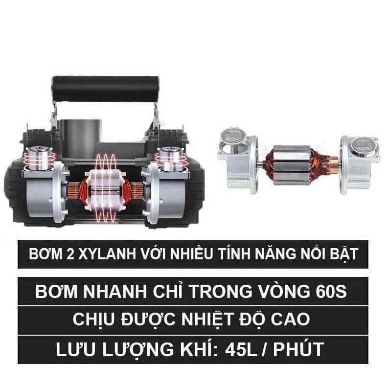 Bơm Ô Tô 2 Piston Xylanh AIR COMPRESSOR Công Suất Lớn Siêu Khỏe Siêu Nhanh - Máy Bơm Lốp Xe Hơi 12v