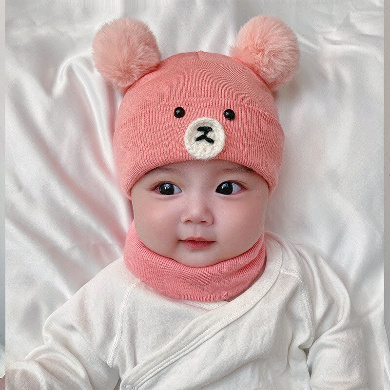 Mũ Len Kèm Khăn Choàng Cổ Đính Bóng Lông Mềm Mại Cho Bé