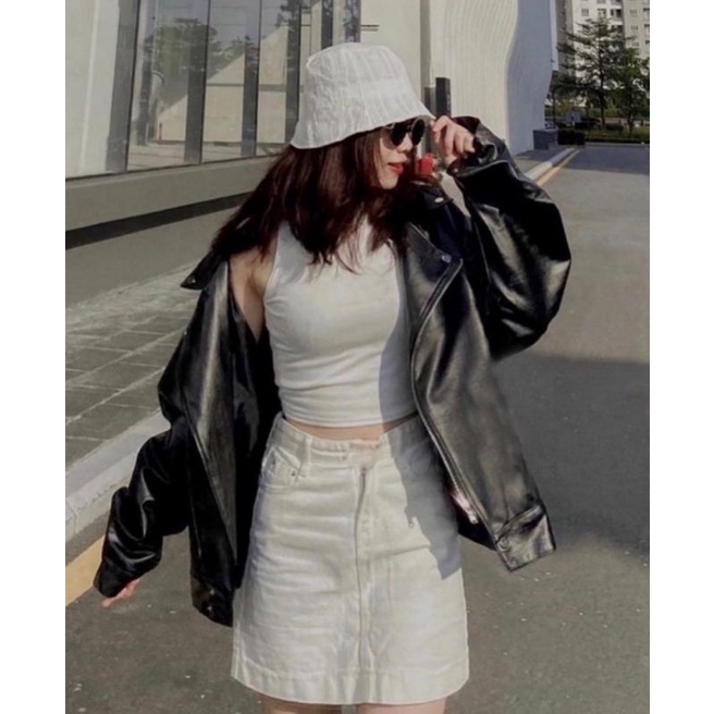 Áo khoác da đen nam nữ khóa chéo cá tính form rộng oversize dày dặn hàng Quảng Châu