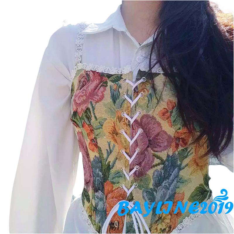 BAY-Women’s Vintage Jacquard Bandage Camisole Sexy Boat Neck Flounce Irregular Suspender Corset