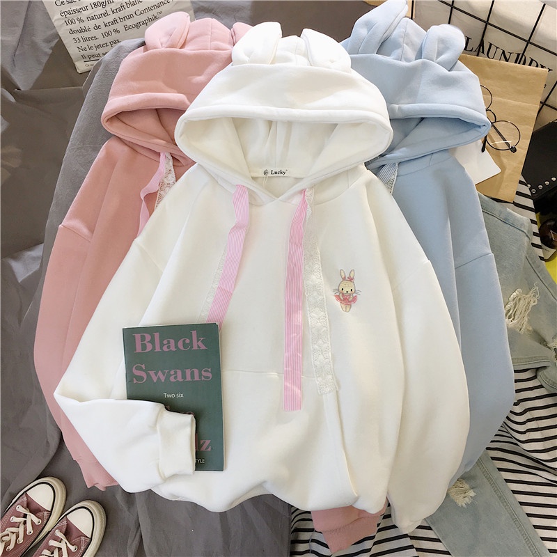 Áo hoodies có nón dài tay thêu hình tai thỏ dễ thương