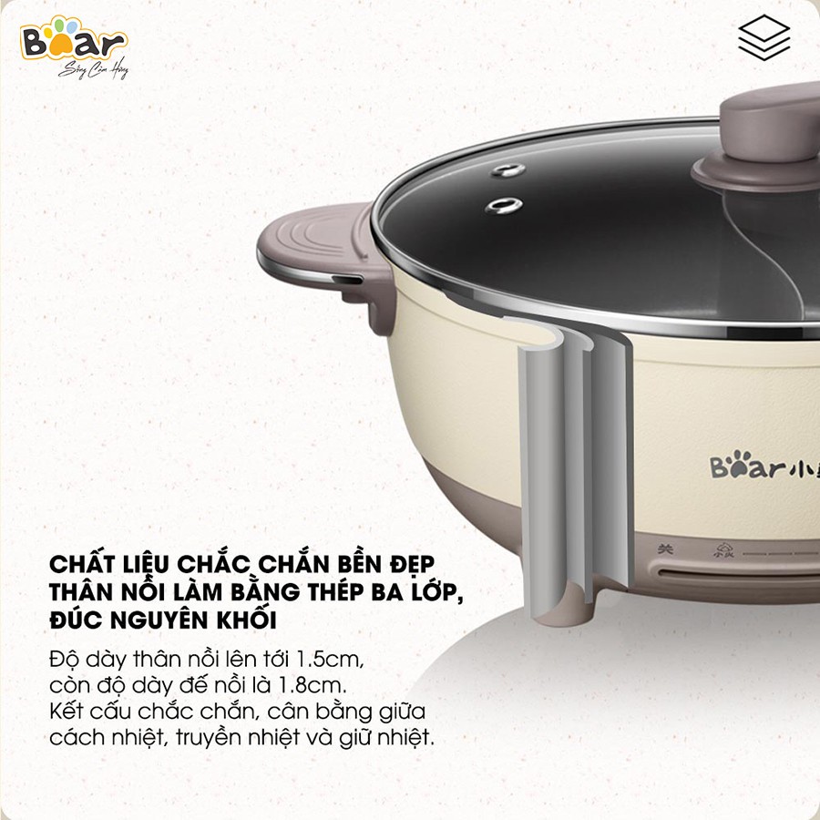 Nồi lẩu mini đa năng BEAR 6L bản quốc tế bếp lẩu nướng điện, nồi lẩu 2 ngăn uyên Ương Bear bảo hành chính hãng 12 tháng