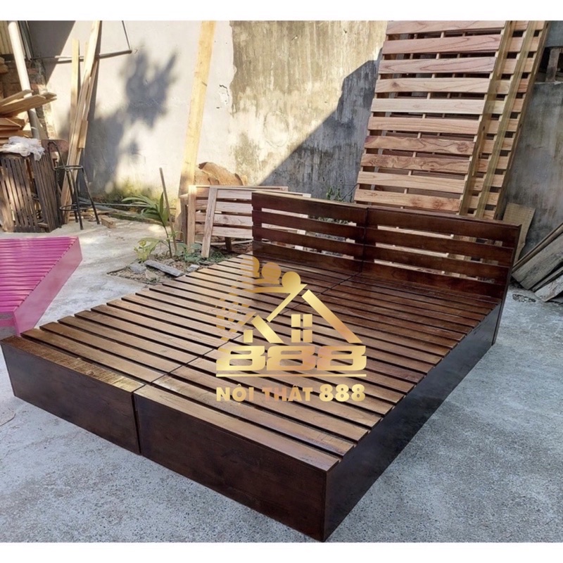 Giường pallet khoét cao 20cm có đầu giường phun PU
