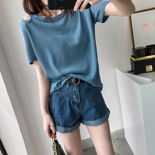 Áo Thun Tay Ngắn Hở Vai Họa Tiết Sọc Ngang Thời Trang Dành Cho Nữ