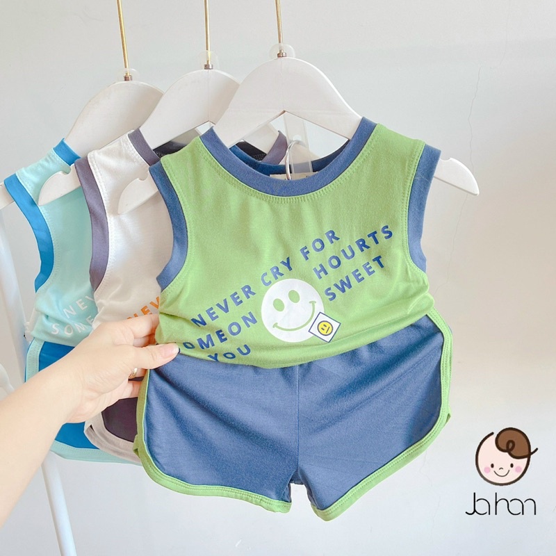 NT091 Bộ sát nách thun lạnh Minky Mom quần phối viền hoạ tiết mặt cười cho bé