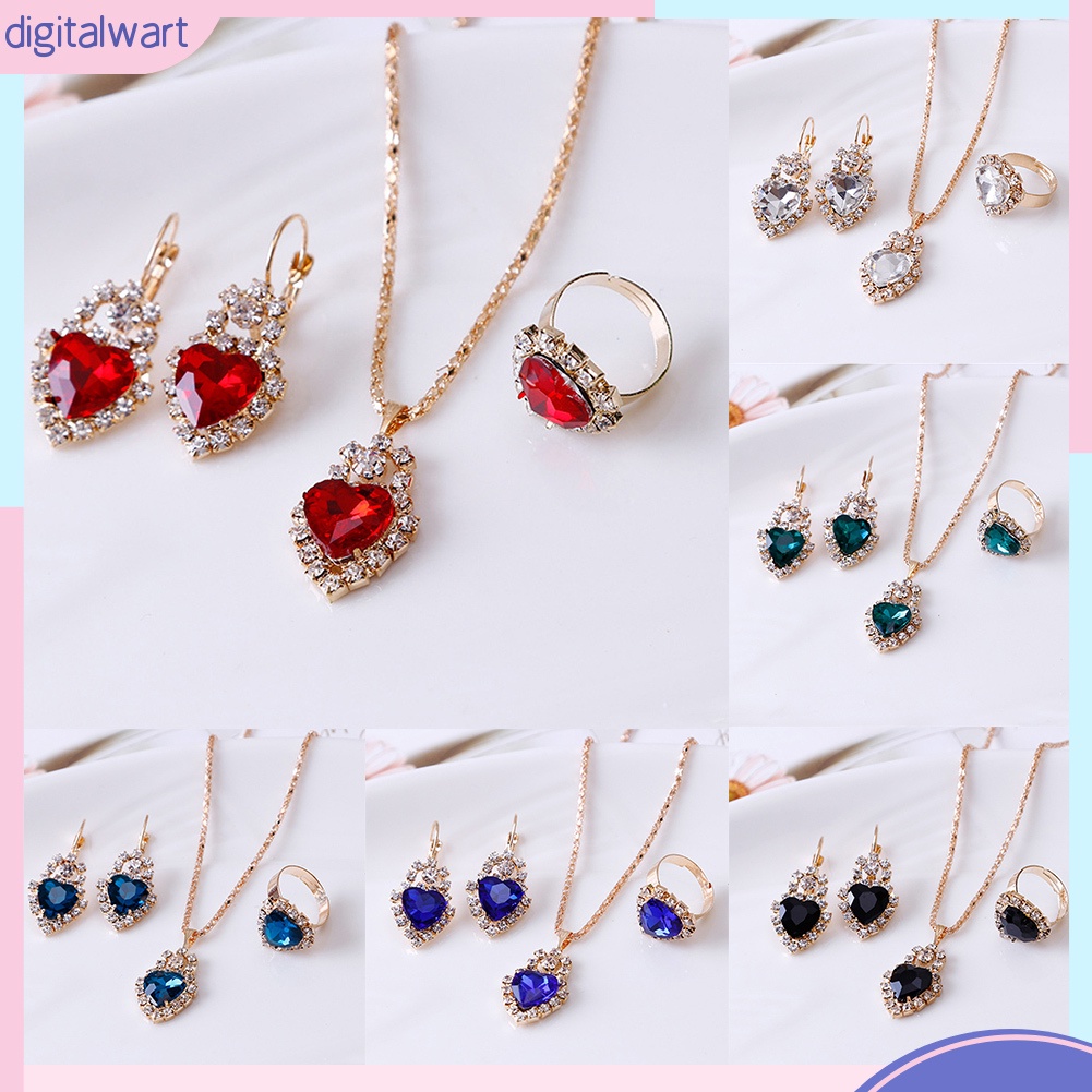 Bộ Vòng cổ + Bông Tai + Nhẫn Hình Trái Tim Đính Đá Lấp Lánh