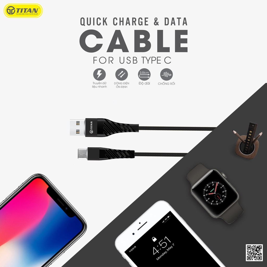 -Cáp Sạc TITAN Dây Dẹt Chân LIGHTNING dài 1m sạc nhanh - Hàng Chính Hãng