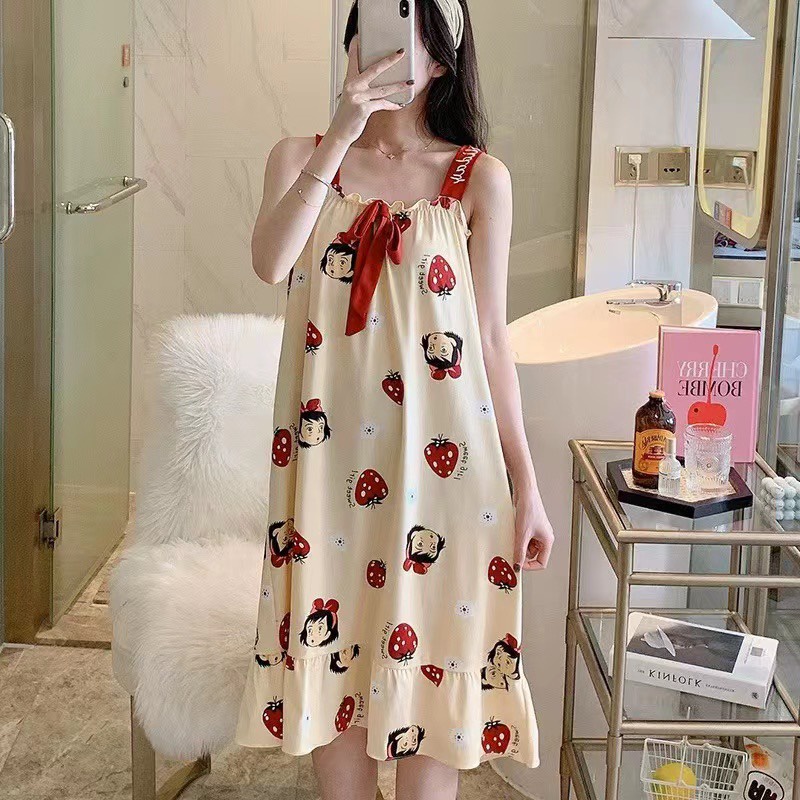 Váy Ngủ Nữ 2 Dây Đính Nơ Họa Tiết In Cute Chất Thun Sữa - Hàng Quảng Châu Cao Cấp