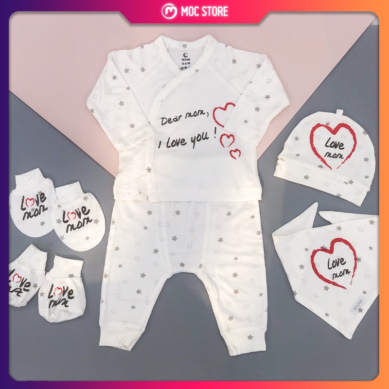 Set 5 chi tiết quần áo kèm phụ kiện bao tay chân mũ yếm hãng Moon I love Mom + Dad