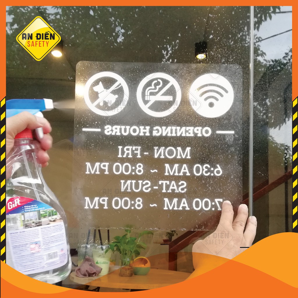 Decal dán kính OPENING HOURS 33X33 CM...In UV màu trắng, biển báo An Điền Safety