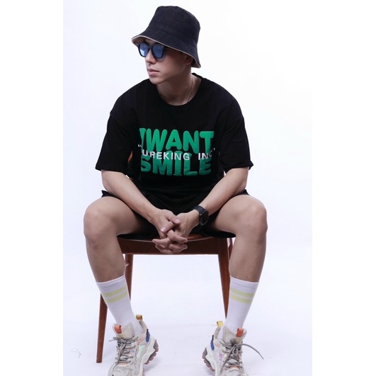 Áo thun in chữ form rộng &quot; I want smile&quot; Nô Storr