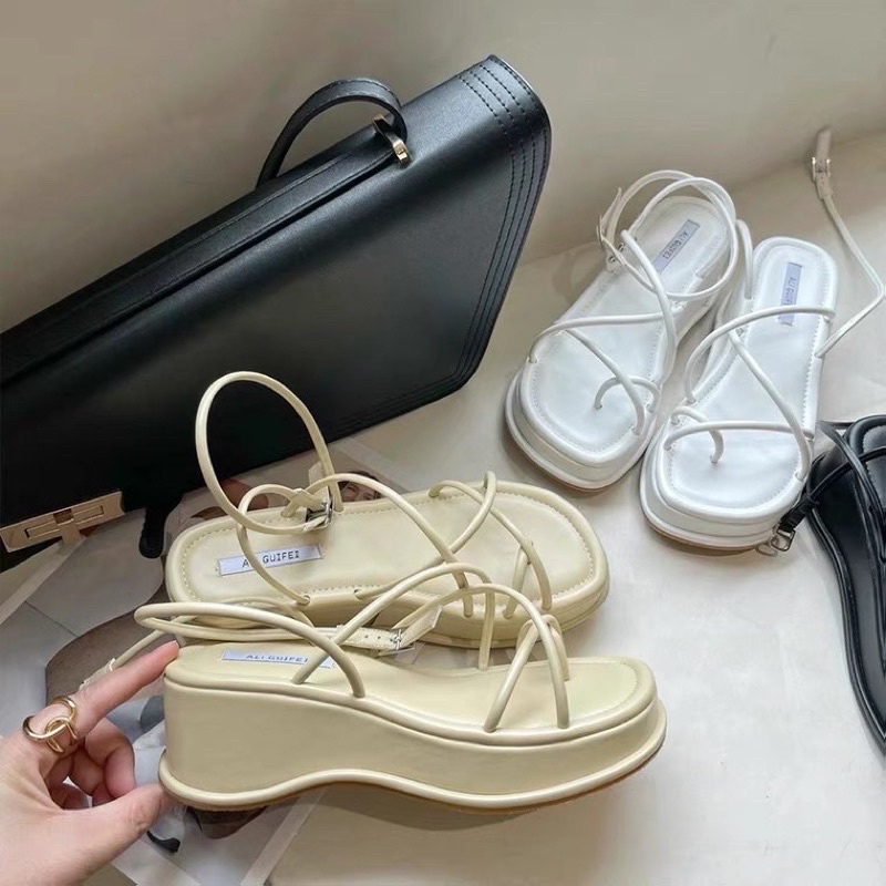 Sandal Đế Cao 5cm Dây Đan Sợi Chỉ Giày Đế Xuồng Xỏ Ngón Quai Mảnh L1