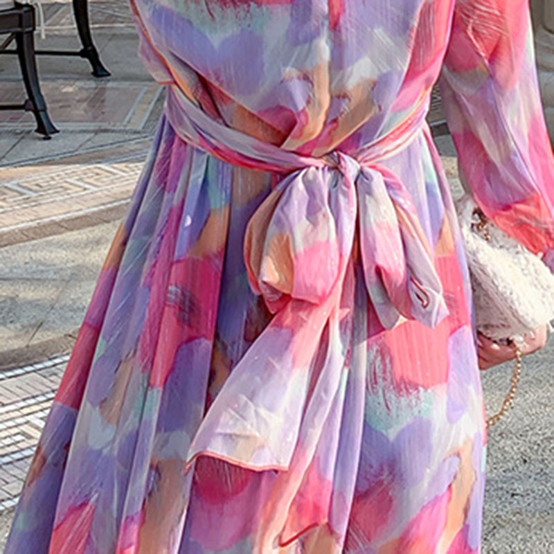 IELGYĐầm Voan Chữ A Tay Dài Nhấn Eo Cổ Chữ V In Họa Tiết Thời Trang Kiểu Pháp Cho Nữ