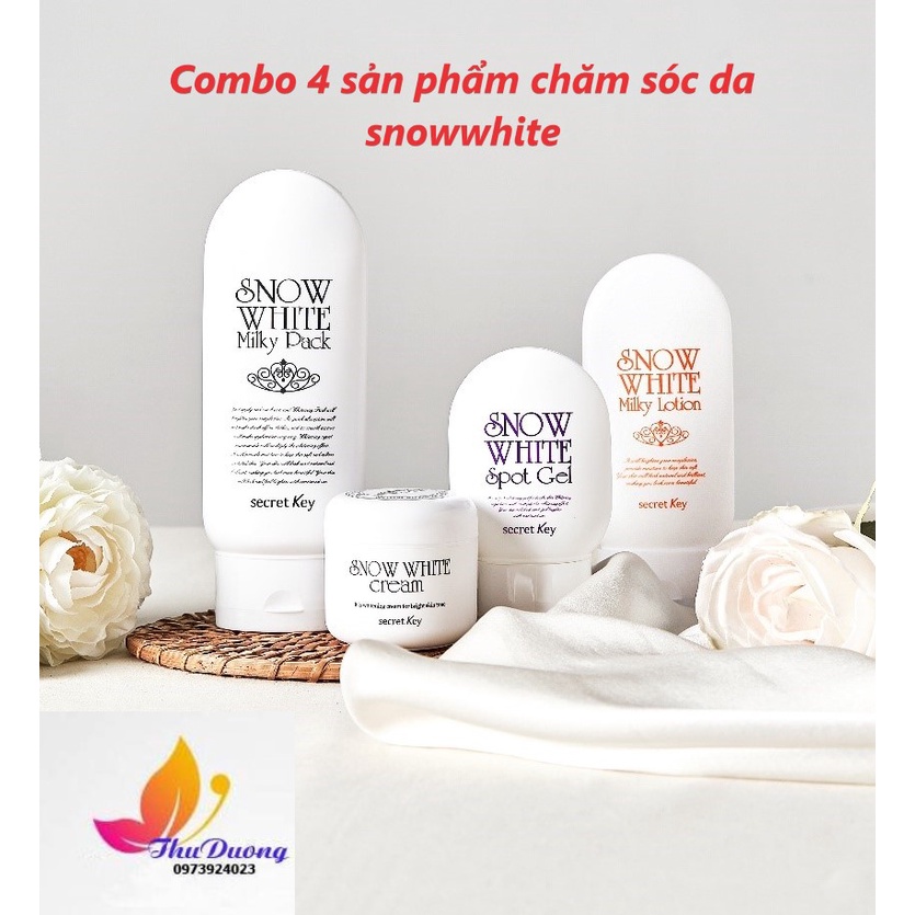 Combo 4 sản phẩm chăm sóc da: Kem Tắm Trắng - Kem Dưỡng Trắng Da - Lotion - Giảm thâm nách Secret Key Snow White