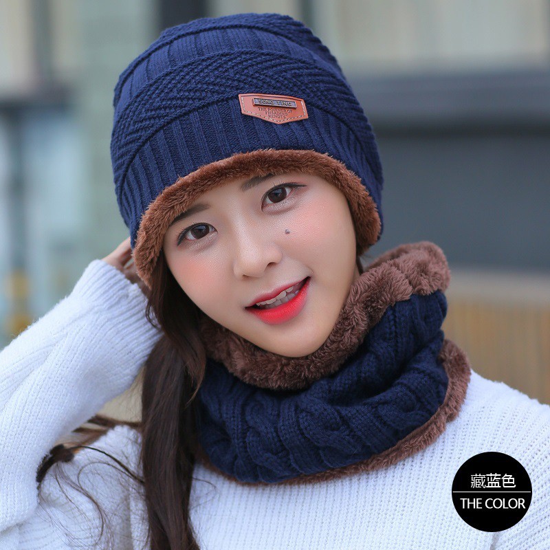 Sét mũ len kèm khăn lót lông Nam Nữ, Mũ len kèm khăn quàng cổ phong cách Hàn Quốc siêu ấm