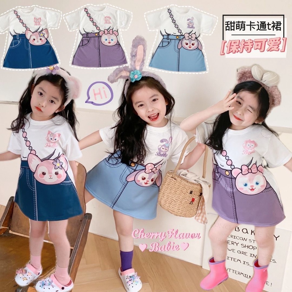 Đầm Thun Ngắn Tay In Họa Tiết Hoạt Hình Dễ Thương Dành Cho Bé Gái