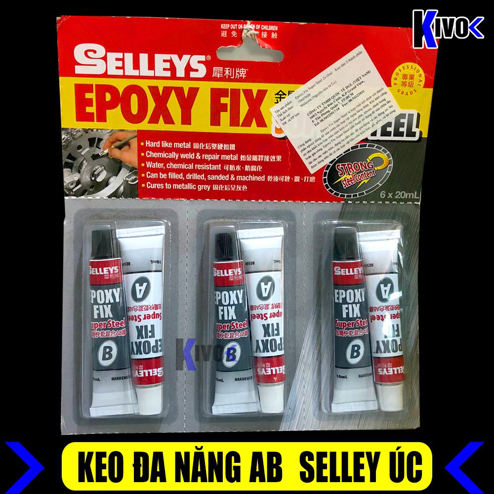 Keo AB Selleys Epoxy Fix Super Steel Nhỏ 20ml Siêu Cứng 2 Thành Phần Chịu Nhiệt, Nước Dán Sắt, Gỗ Đá