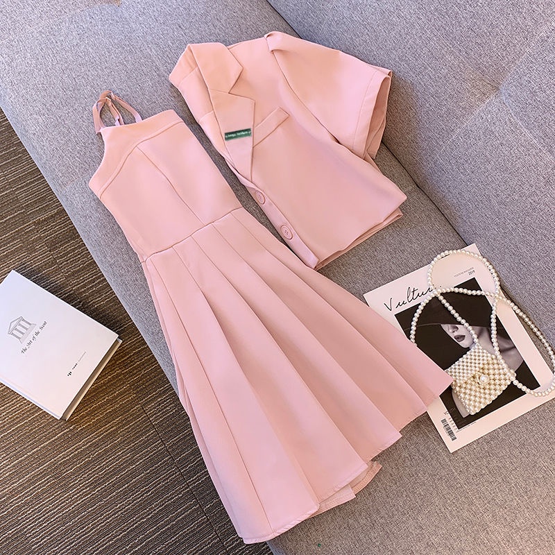 Set hai món với đầm hai dây và áo khoác đơn giản thời trang trẻ trung dành cho nữ