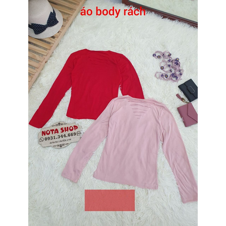 Áo thun ôm tay dài cắt xẻ rách phần ngực chất thun mát phong cách hời trang hè retro mới cho nữ, ÁO BODY RÁCH