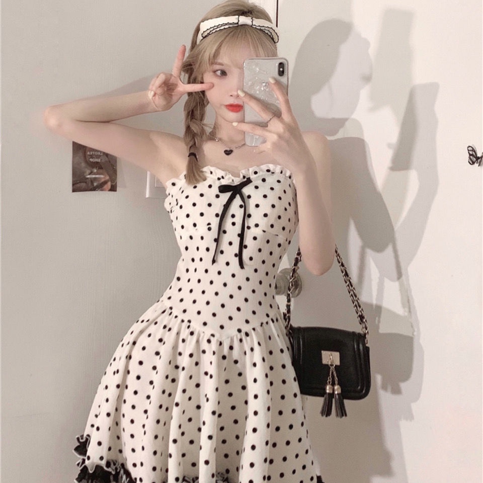 Đầm Hai Dây Thắt Nơ Họa Tiết Chấm Bi Phong Cách Retro Nhật Bản Xinh Xắn