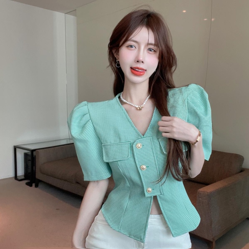 COZOKC Áo Sơ Mi Tay Bồng Dáng Ôm Hoa Văn Kẻ Ô Dễ Phối Đồ Thời Trang