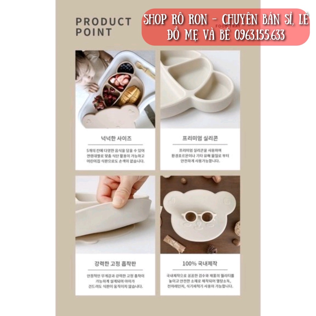 Khay ăn dặm silicon hình gấu kèm nắp MOLLI - Khay silicon 5 ngăn đế chống trượt an toàn cho bé - Shoproron