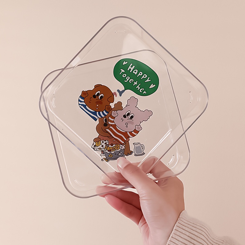 Only HOUSE Đĩa Nhỏ Trong Suốt Hình Vuông In Hình Xương Gấu Đựng Thức Ăn Nhanh Trái Cây Xương Rồng Hoạt Hình Dễ Thương