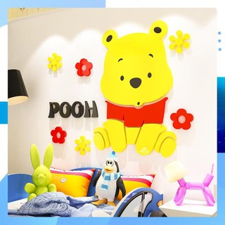 Tranh Dán Tường Mica 3D hoạt hình gấu Pooh dễ thương Trang Trí Mầm Non, Mẫu Giáo, Phòng Cho Bé