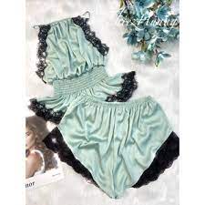 Set lụa yếm mặc nhà phối viền ren đáng yêu