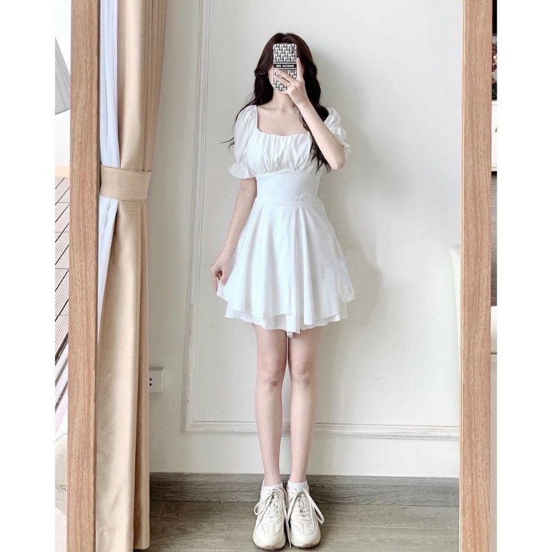 Váy Bánh Bèo Cổ Vuông Nhún Ngực Thắt Nơ Lưng, đầm dự tiệc nhiều màu
