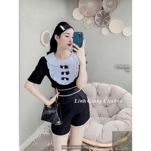 Set bộ đen áo cổ sen ngực pha trắng phối viền bèo đính nơ tay ngắn kèm quần short chạy viền ren!
