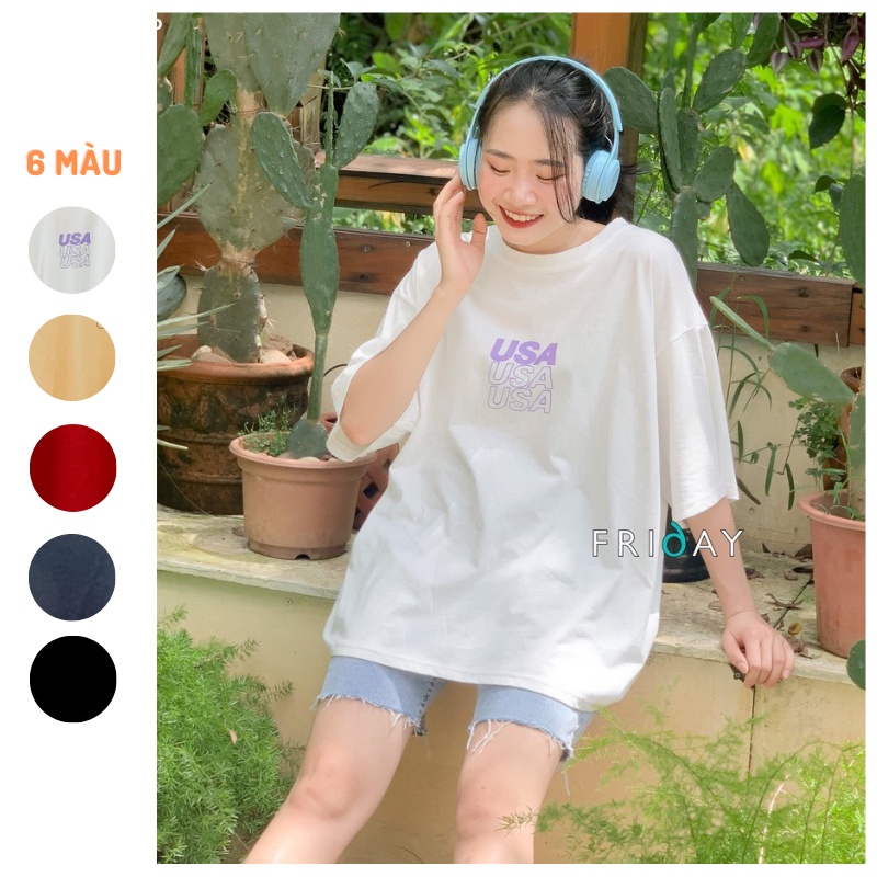 Áo phông nữ cotton oversized Friday 1CC901P họa tiết chữ USA