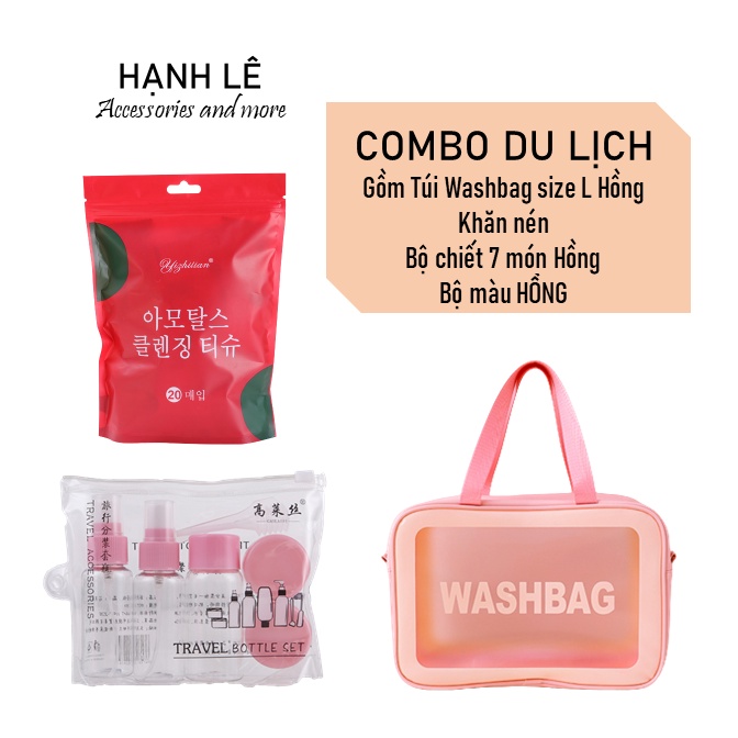 COMBO Du Lịch 3 món gồm túi du lịch Washbag size L màu Hồng, Bộ chiết du lịch 7 món Hồng và 1 túi khăn nén tiện dụng