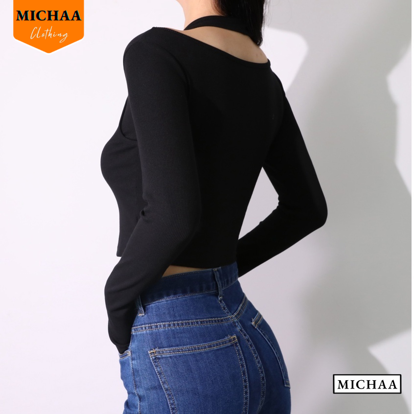 Áo Croptop Nữ Cổ Tròn TAY DÀI CHOÀNG CỔ Ôm Body, Áo Thun Croptop Kiểu Sexy Chất Thun Gân Thời Trang MICHAA CR72