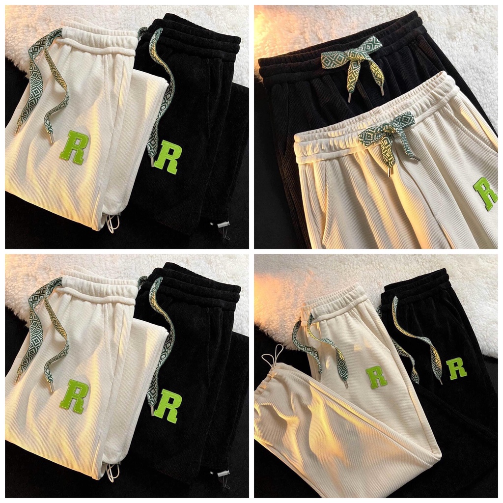 Quần thể thao Logo R bo gấu Unisex Nam Nữ kiểu dáng Hàn Quốc chất thun tăm lạnh dày dặn