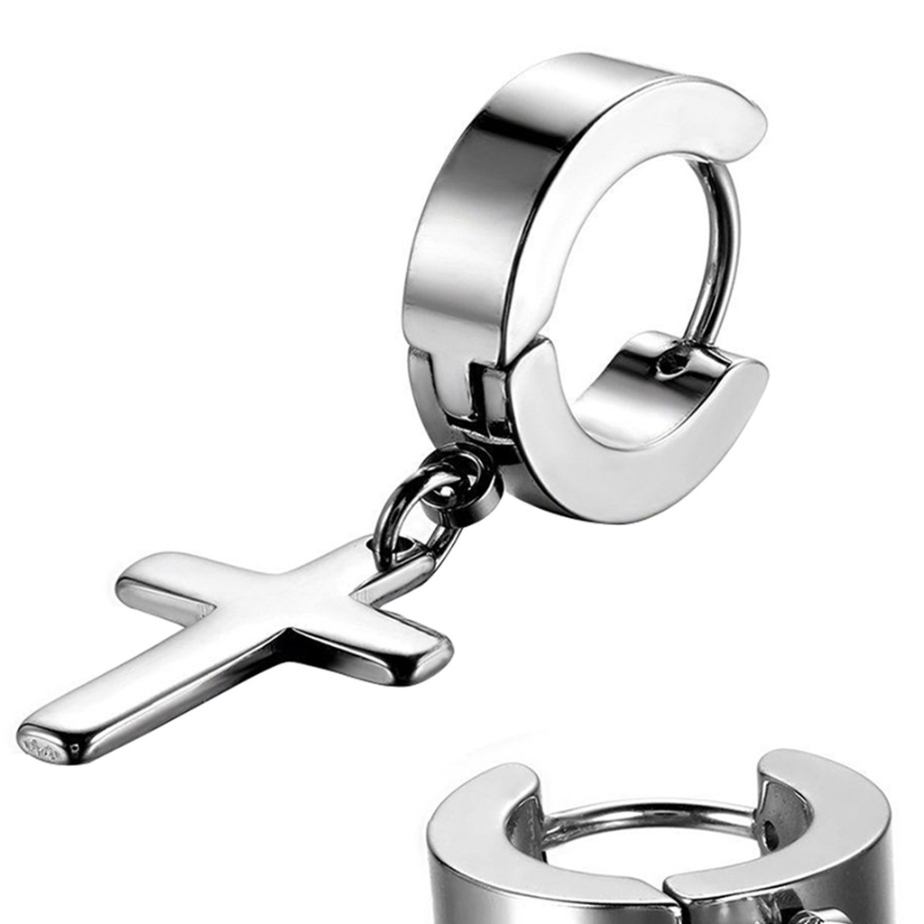 Đôi bông tai thời trang hình tròn phối mặt Thánh giá bằng thép không gỉ cho nam và nữ