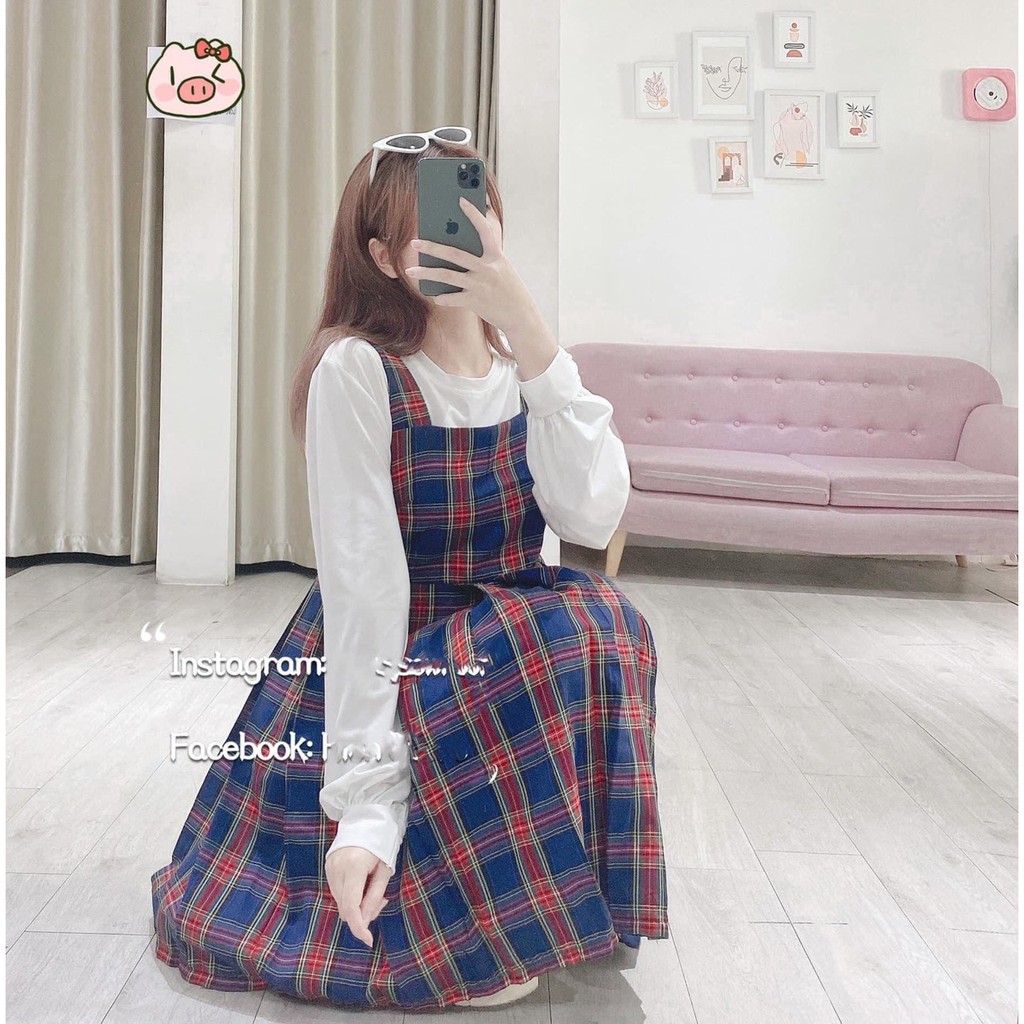 Sét Váy Yếm Kẻ Caro Mix Áo Thun Tay Bồng Siêu Hot