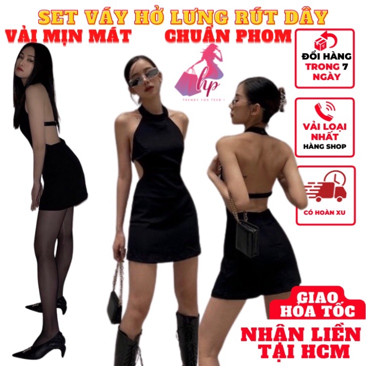 Váy đầm nữ hở lưng dạng yếm dáng xòe cài cúc màu đen thun gân sexy phong cách sang chảnh hàn VD141 -HP